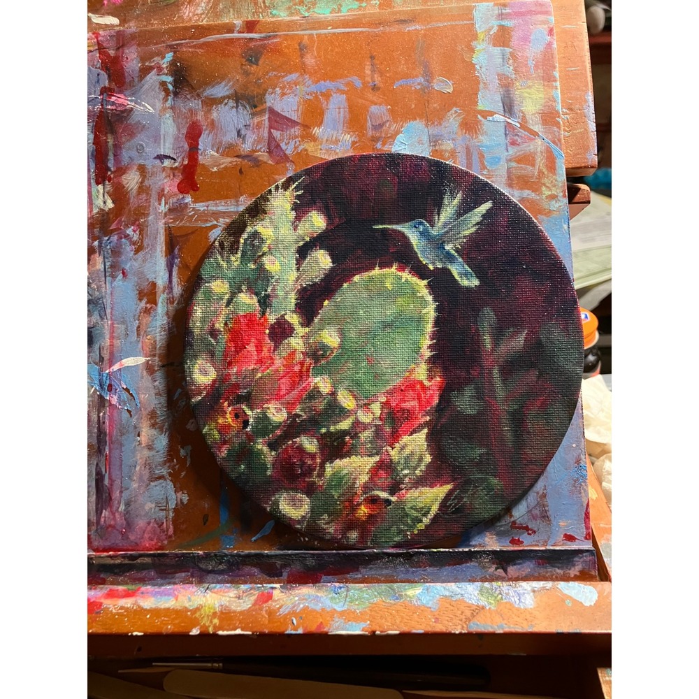 Original Hummingbird & Cactus painting Art Round desert blooming prickly pear - Picture 3 of 8